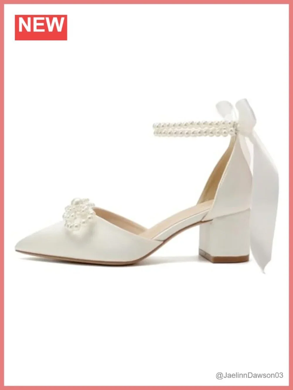 Satin Pearl Block Heel Wedding Shoes for Bride, Pointed Toe, 2 Inch Chunky Heels
